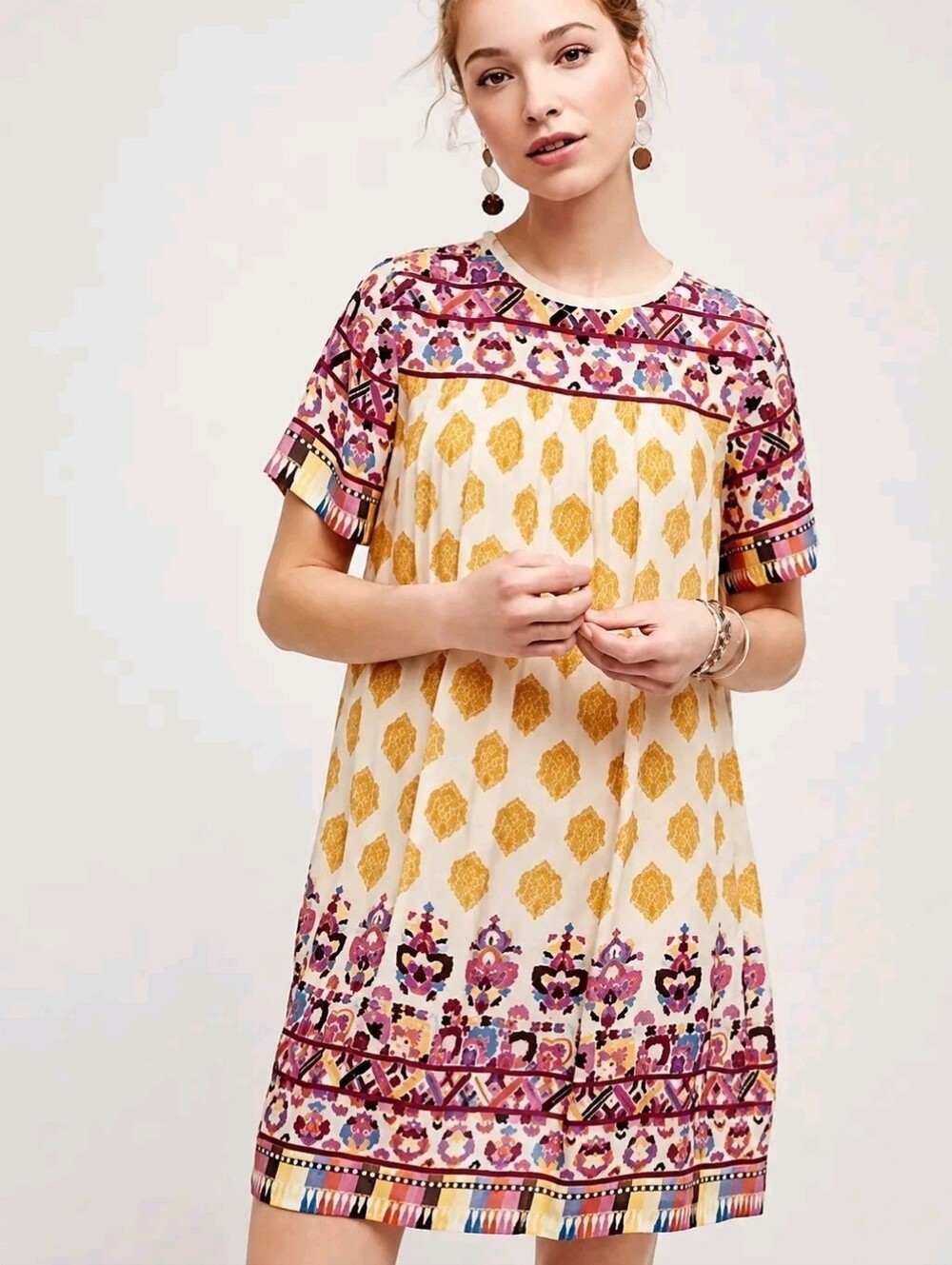 Anthropologie Tanvi Kedia Caitha Beaded Yellow Pink Boho Print Swing Dress SZ XS